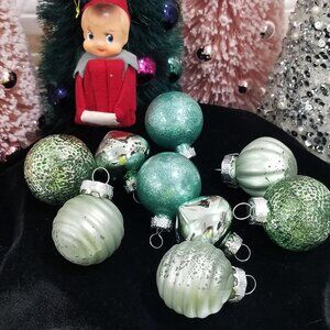 9 Blue Green Glass Feather Christmas Tree Ornaments Pastel Mint Teardrop Mercury